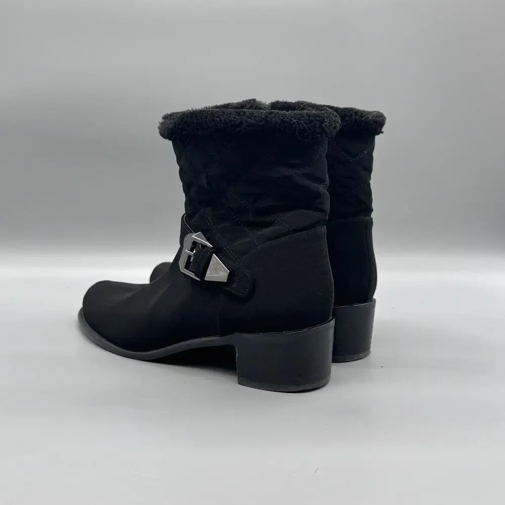 Stuart Weitzman Boots Womens 8 Black Gorby Waterproof Quilted Buckle Block Heel